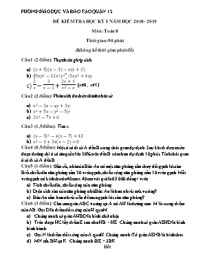 Đề kiểm tra học kỳ I môn Toán Lớp 8 - Năm học 2018-2019 - Phòng giáo dục và đào tạo Quận 12